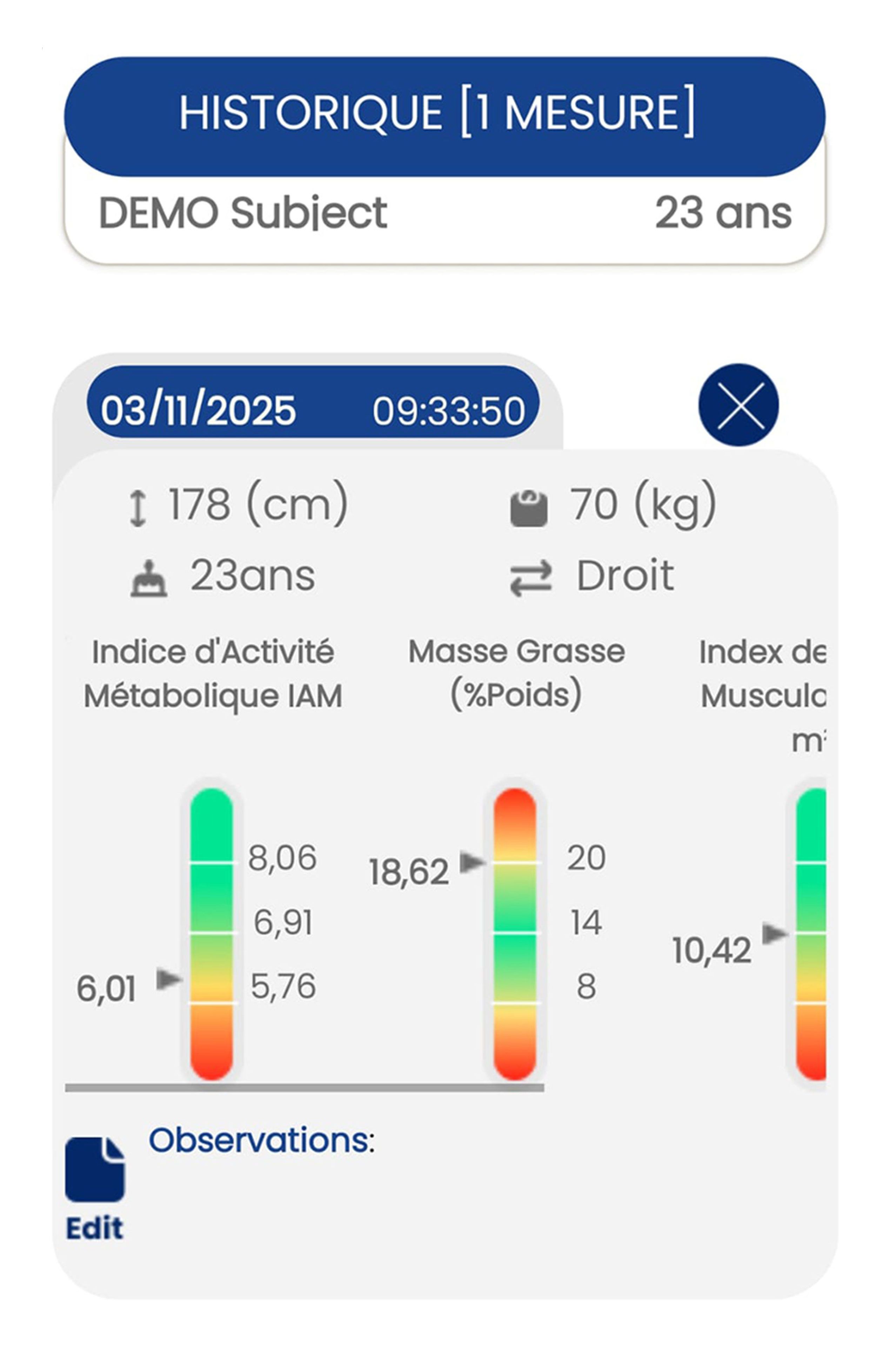 Z-Métrix – Résultats du test de composition corporelle dans l’application
