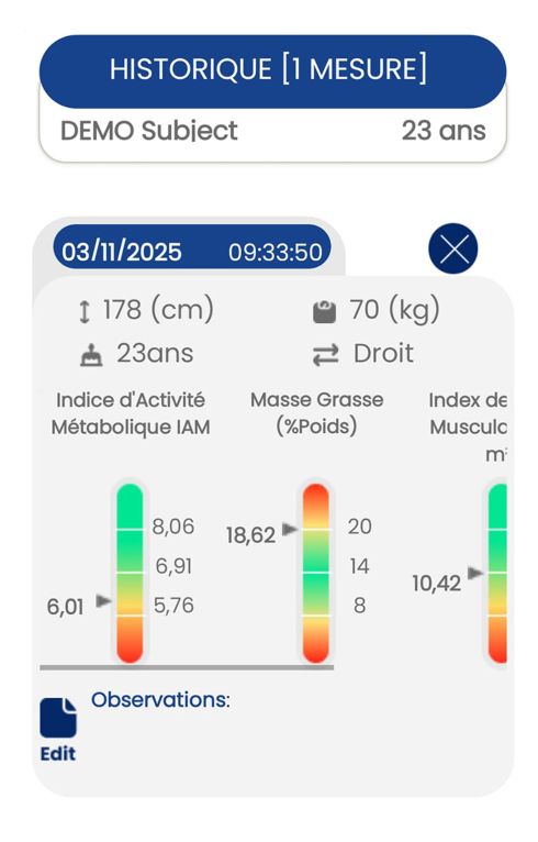 Z-Métrix – Résultats du test de composition corporelle dans l’application