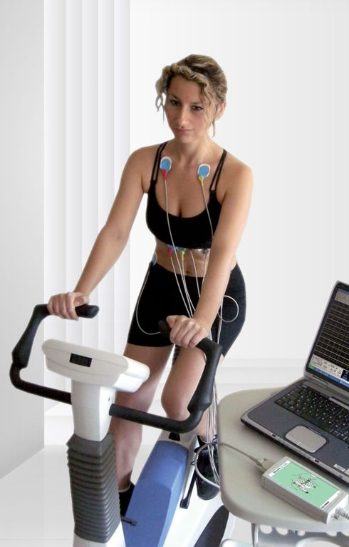Woman on bike doing the ECG test